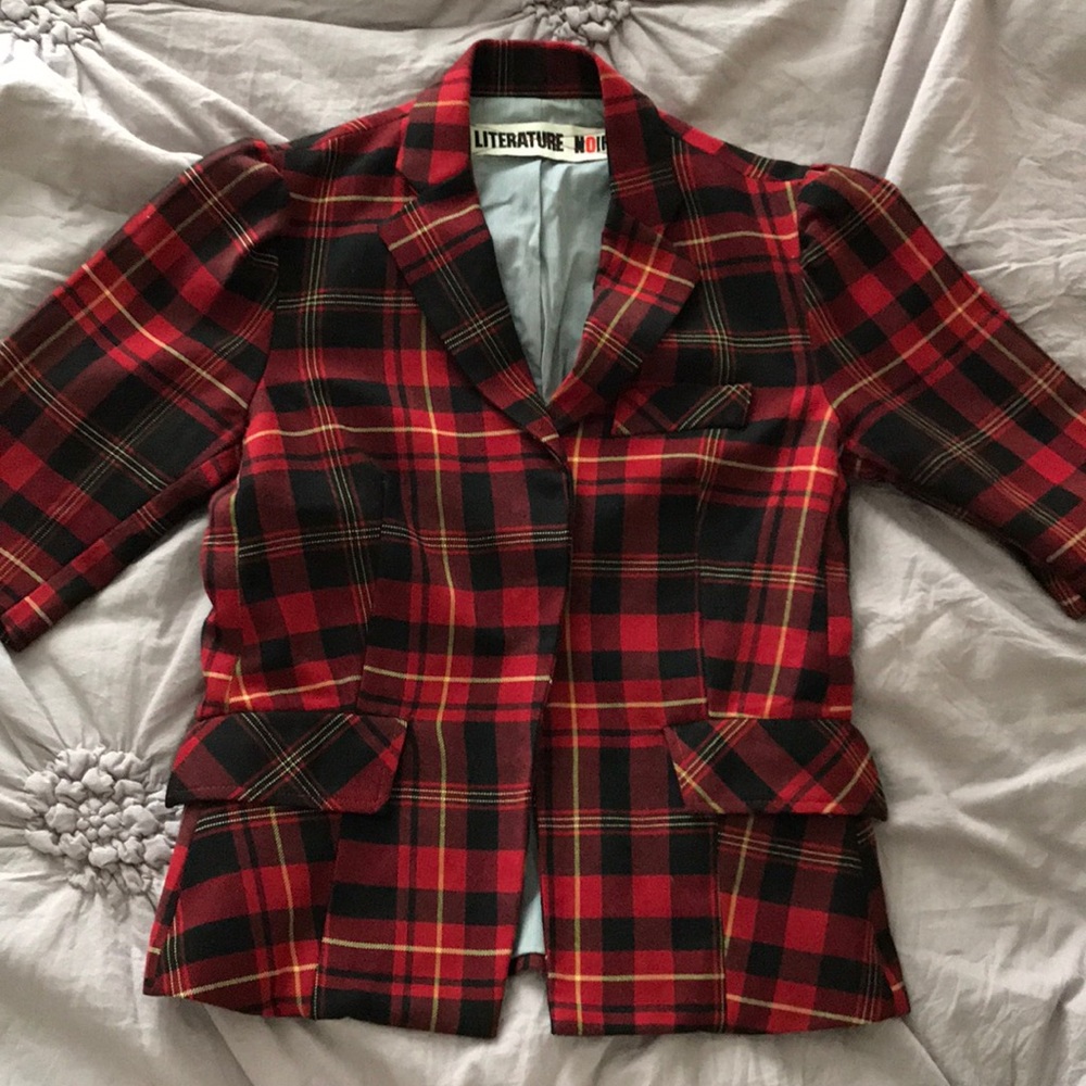 Literature Noir 3/4 Sleeve Plaid Tartan Blazer